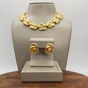 Vintage Anne Klein Matte Gold-Tone Knot Choker Statement Necklace & Earrings Set